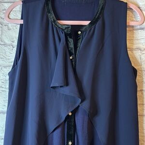🔵Elegant Navy Sleeveless Blouse with Dark Blue Velvet Trim